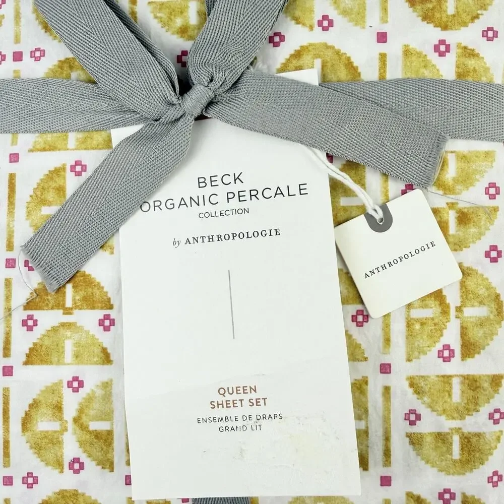 Anthropologie Beck Organic Percale Sheet Set QUEEN Yellow Geometric Bedding New